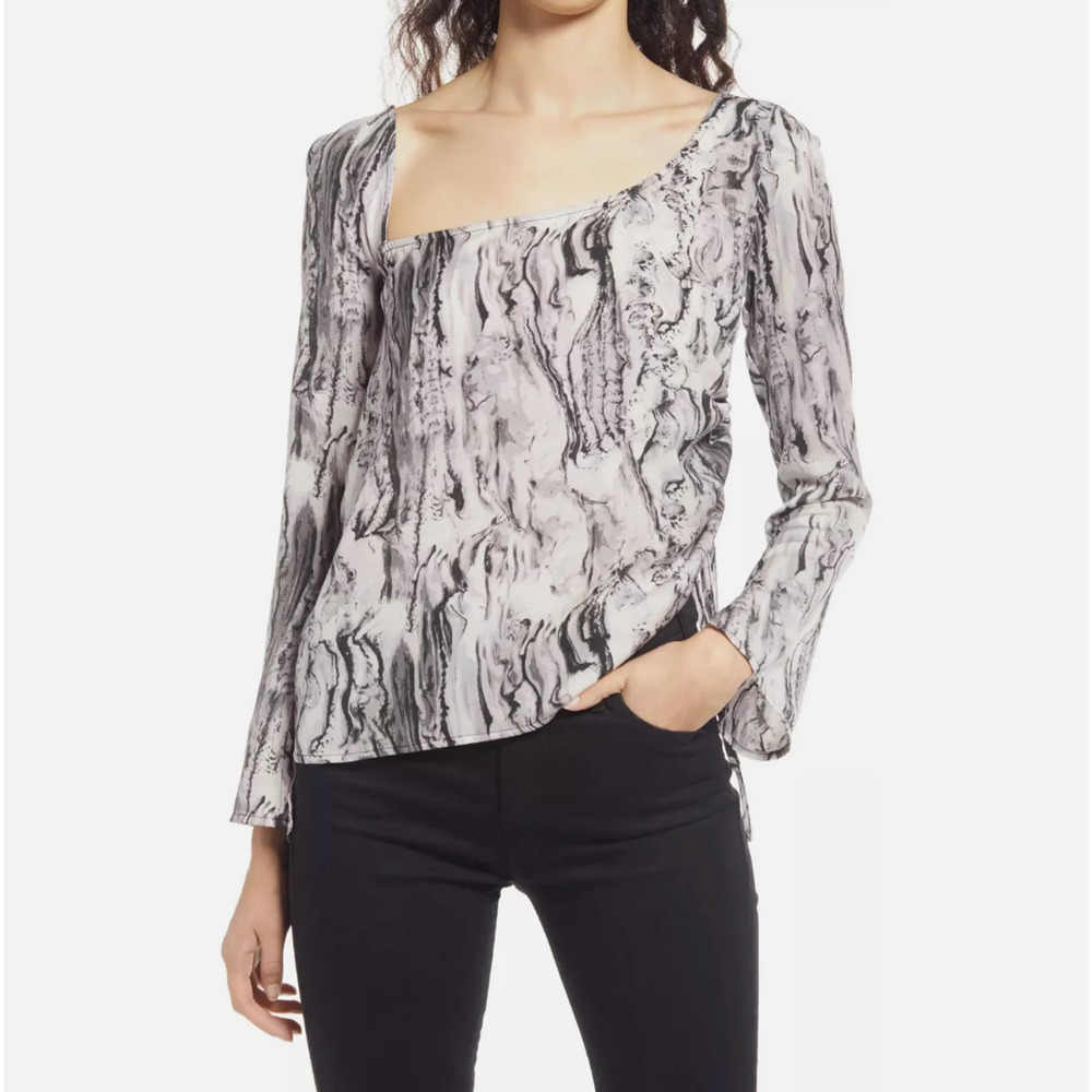 Open Edit Long Bell Sleeve Marble Asymmetrical Ruched Blouse Top Size S Purple